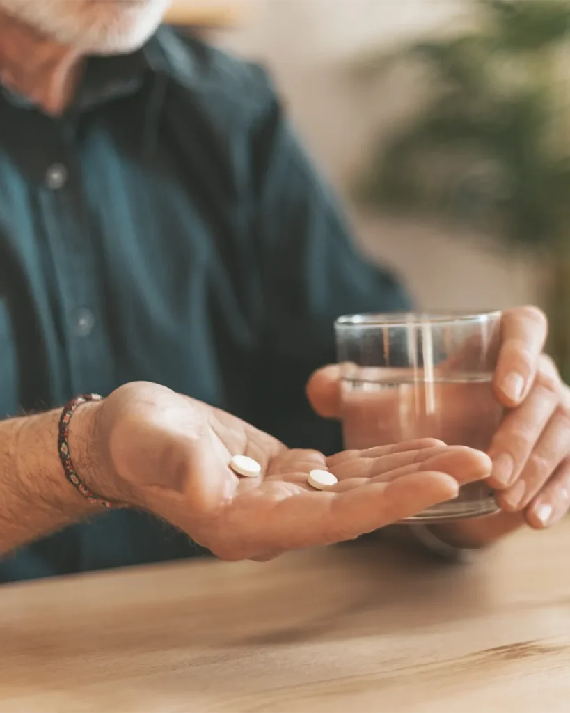 Senior man holding a handful of supplements.