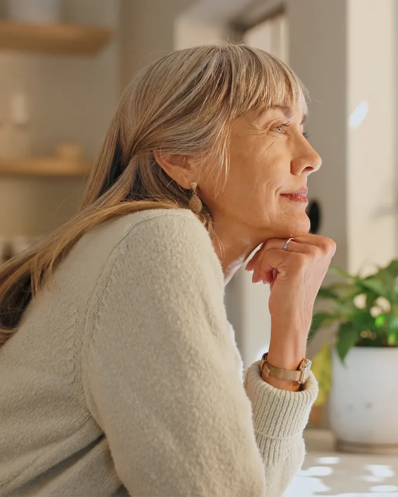 Senior woman looking out window.
