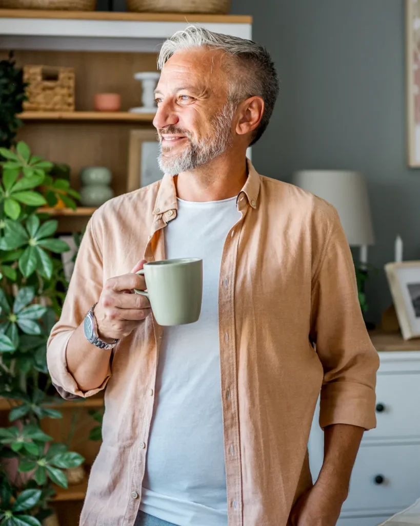 Middle-aged man at home holding a coffee cup.